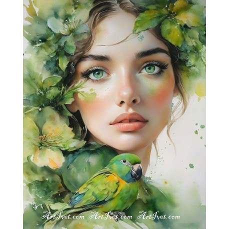 Рисуване по номера - ПРИЯТЕЛИ В ЗЕЛЕНО - ГОСПОЖИЦАТА С ПАПАГАЛА