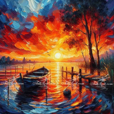 Рисуване по номера - ПЛАМЕНЕН ЗАЛЕЗ НАД ПРИСТАНА ЗА ЛОДКИ 40х40 см.
