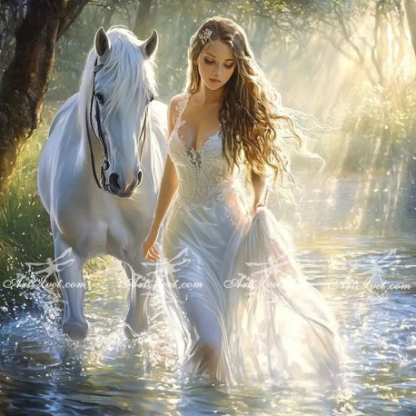 Рисуване по номера - ДВАМА В БЯЛО - ЖЕНА И КОН - 40х40 см.