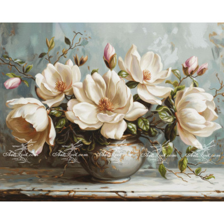 Рисуване по номера - МАГНОЛИЯ ГРАНДИФЛОРА ВЪВ ВАЗА - 40х50см.