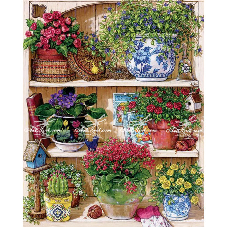 Рисуване по номера - ПОДРЕДЕНИЯТ РАФТ СЪС САКСИИ - 40х50см.