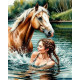Рисуване по номера - ДА НАМЕРИШ ПРОХЛАДА В РЕЧНИТЕ ВОДИ - ЖЕНА И КОН - 40х50см.