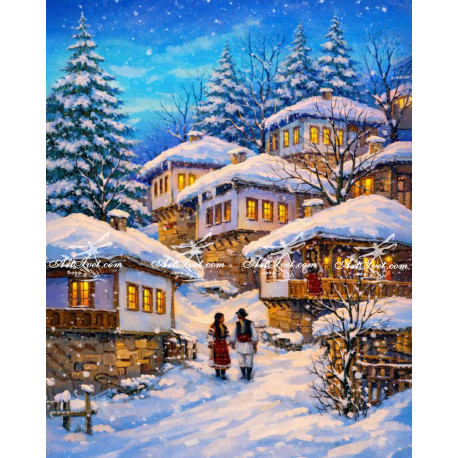 Рисуване по номера - ВЕЧЕРНА СРЕЩА НА ЗАСНЕЖЕНИТЕ КАЛДЪРЪМЕНИ УЛИЦИ - 40х50см.