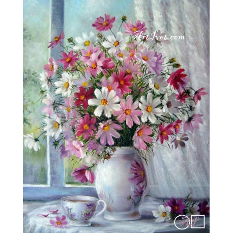 Диамантен гоблен ВАЗА С ЦВЕТЯ – БЯЛ РАЗЦВЕТ